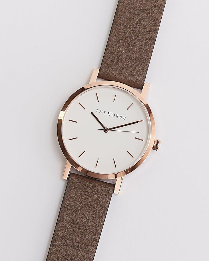 The Original: Polished Rose Gold / White Face / Taupe Leather