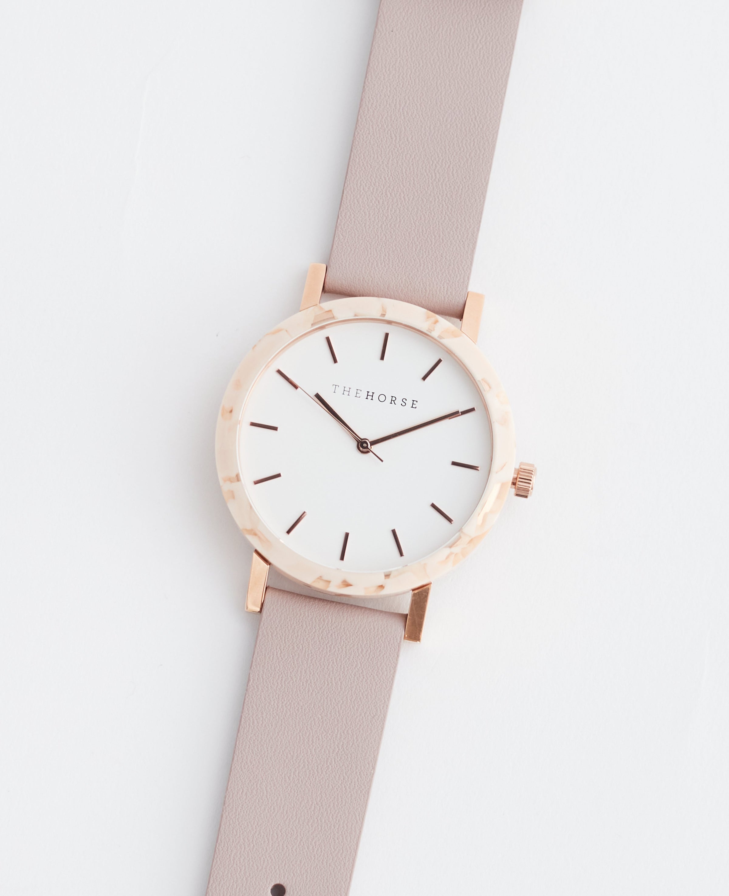 The Resin: Peach Speckle Case / White Dial / Rose Gold Indexing / Blush Leather