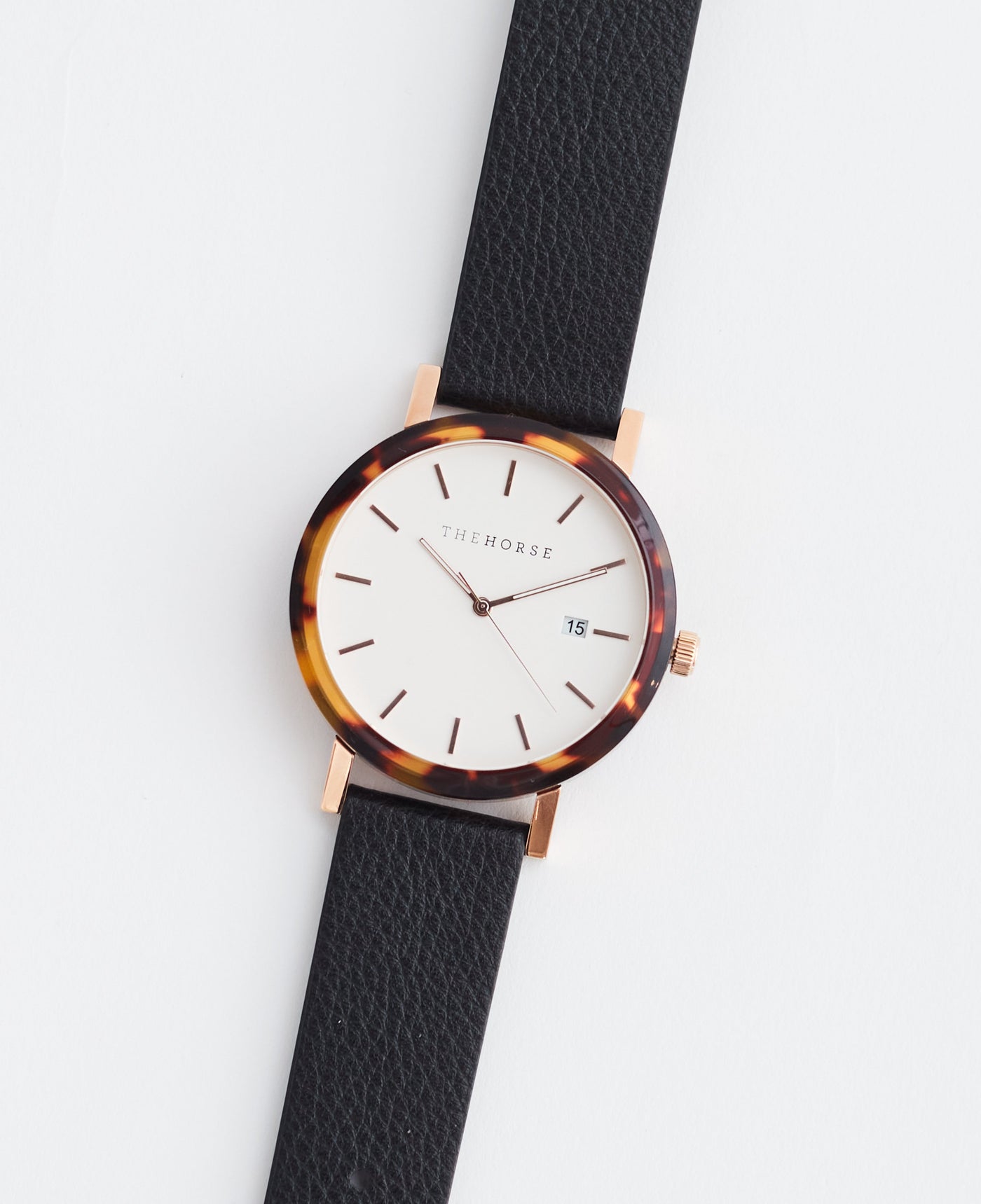The Resin: Brown Tortoise / White Rose Gold Dial / Black Leather