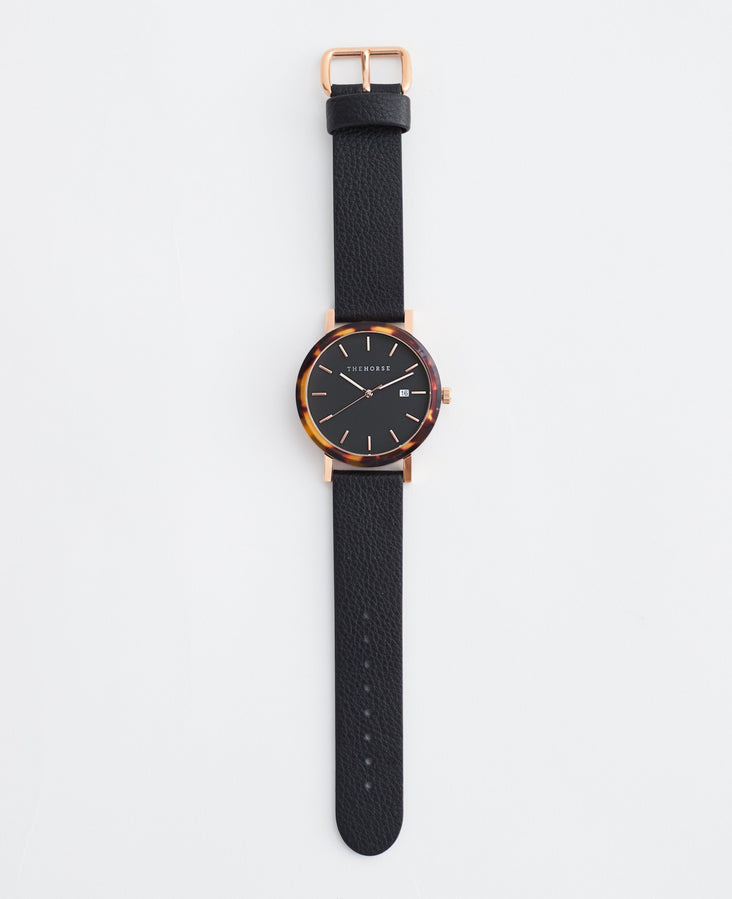 The Resin: Brown Tortoise / Black Rose Gold Dial / Black Leather
