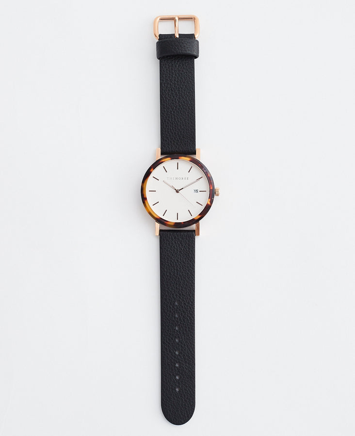 The Resin: Brown Tortoise / White Rose Gold Dial / Black Leather